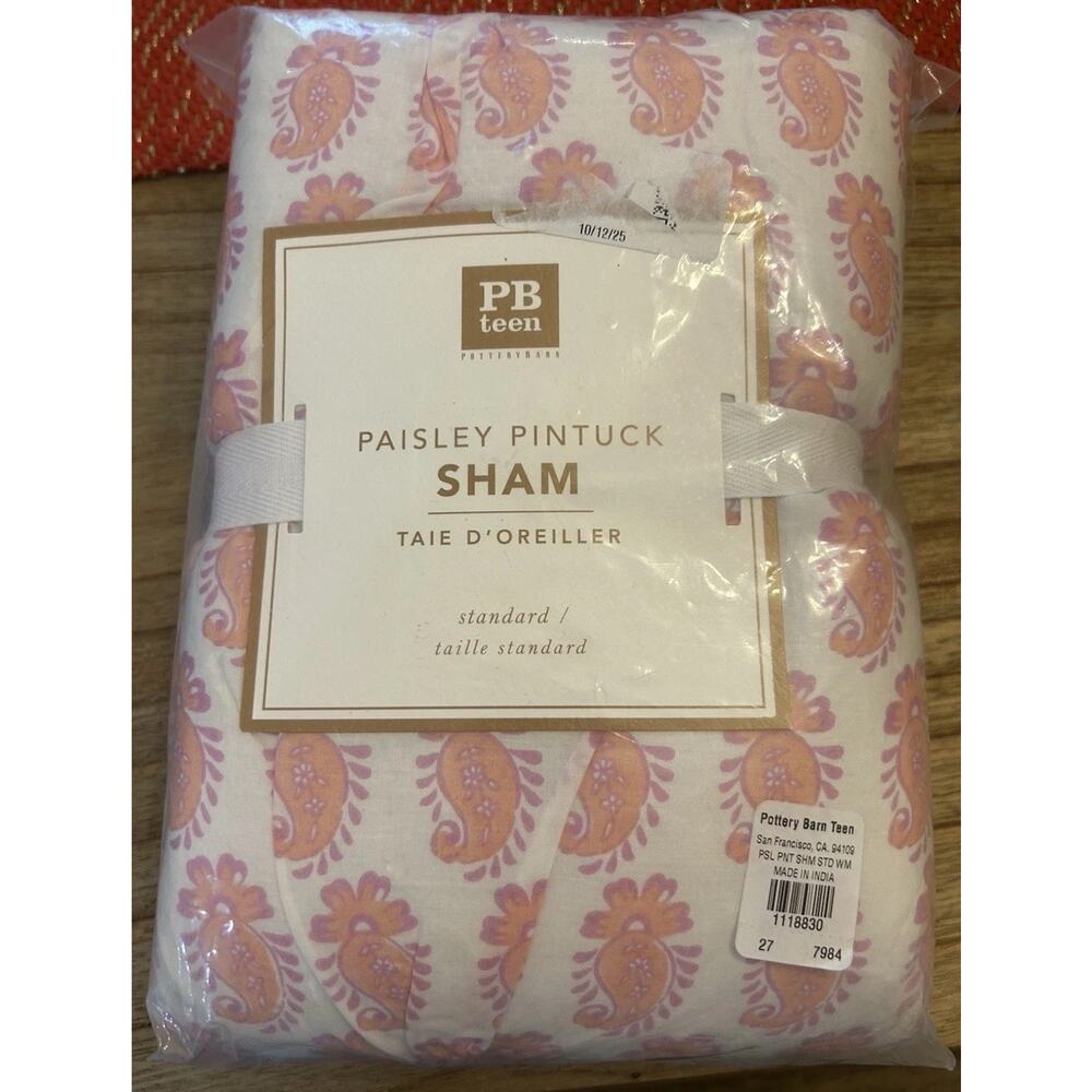 Pottery Barn Teen Pink Paisley Standard Pillow‎ Sham Pin Tuck Accents NWT Girls